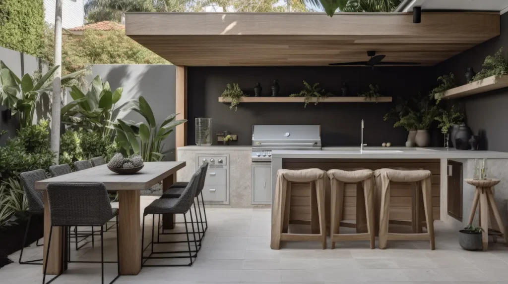 Cocina exterior a medida con encimera de piedra y frentes de madera en una terraza de Málaga al atardecer